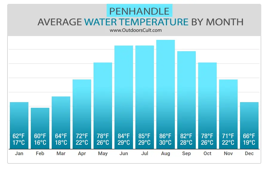 Bar Graph: Average Water Temperature by Month in Panhandle